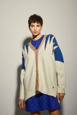 Chaqueta Punto Larga Crudo y Azul