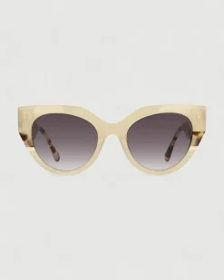 Gafa con tendencia a cat eye marrón semitransparente, habana y estampado