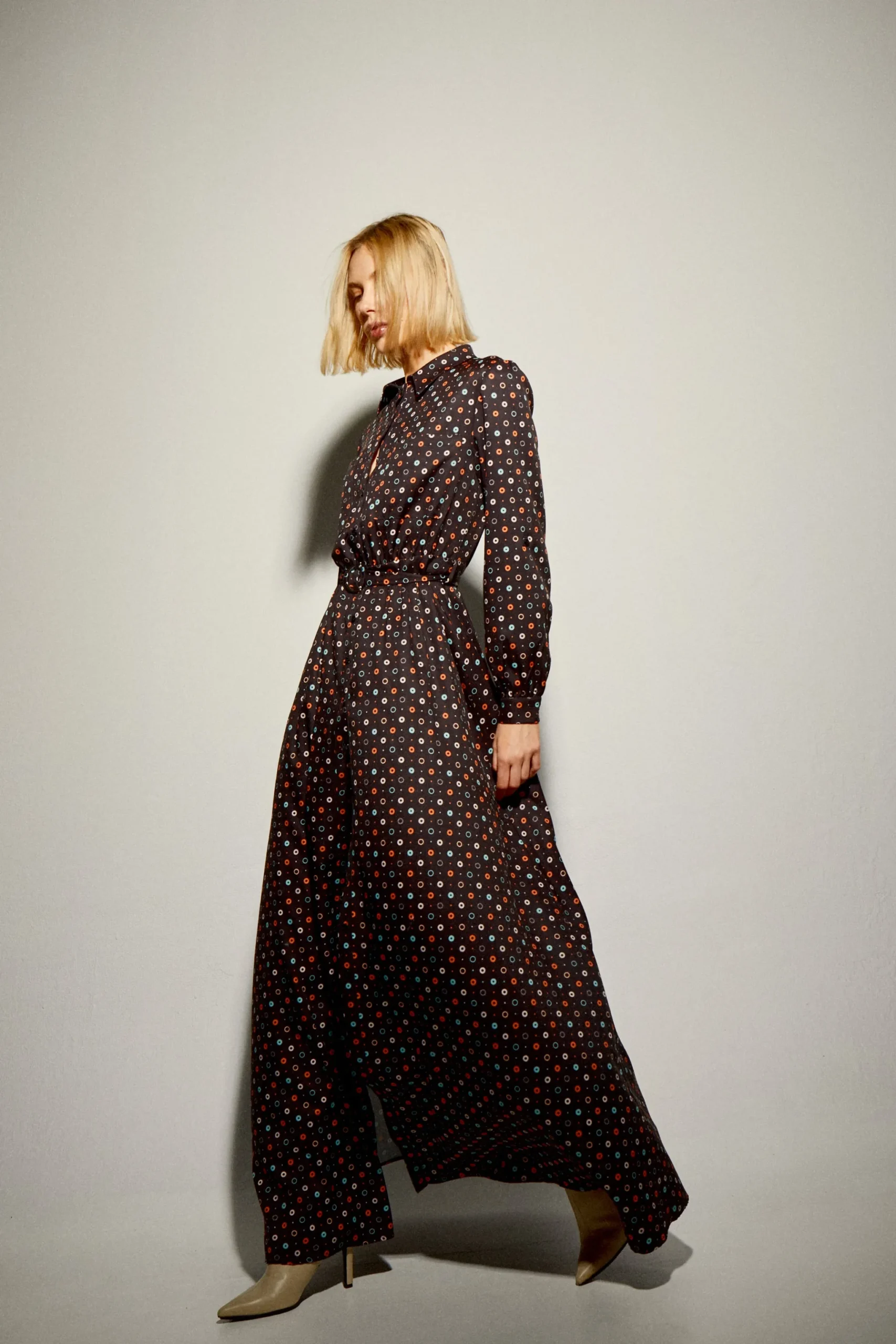 Vestido Camisero Largo Estampado Círculos
