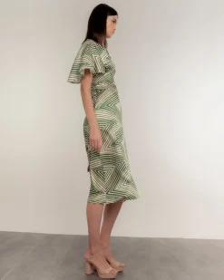 Vestido midi manga print capa zig zag